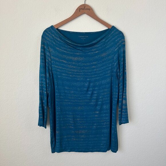 Coldwater Creek Top Womens Large Blue Metallic Striped Swoop Neck Shirt L - Picture 1 of 7